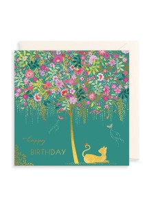 Поздравителна картичка за рожден ден - Котка и цветно дърво